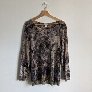 Chicos Brown Abstract Print Long sleeves Velvet Top Shirt